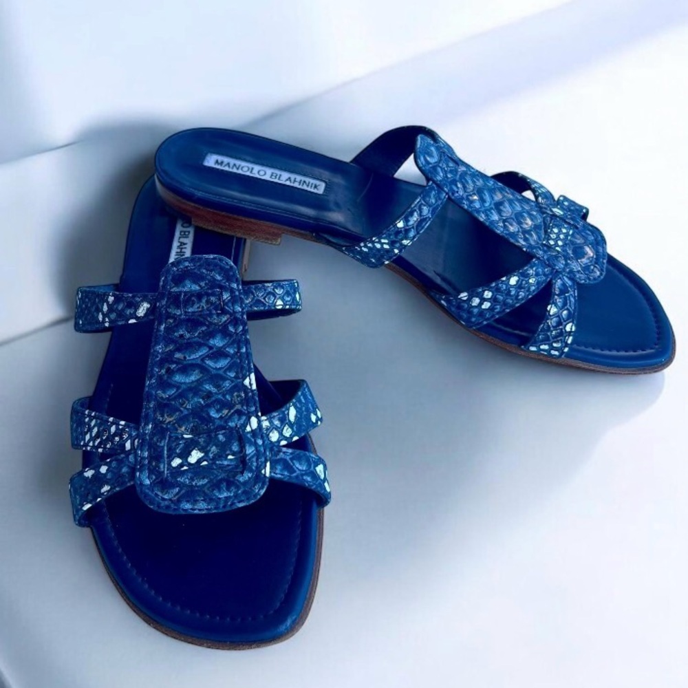 Manolo Blahnik Grella Navy Gold  Python Snakeskin Mules